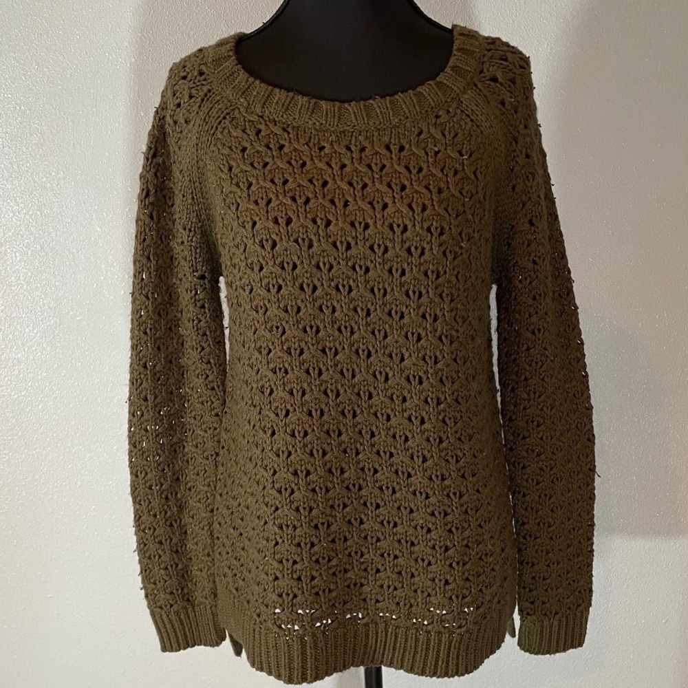 Cupio Women Olive Green Crochet Knit Sweater Long Sleeve Size L Cabincore, boho‎